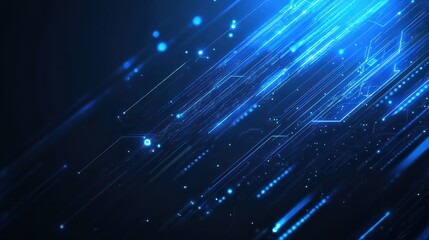 Blue technology background with glowing circuit lines and dots on a dark blue background, blue technology business background, banner