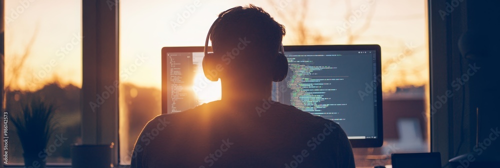 Poster Man coding on a computer in a home office at sunset, wearing headphones. Remote coding and software development concept.