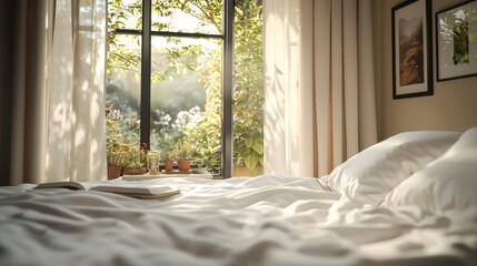 Serene Bedroom Garden View. Morning Bright Home. Green Plants Outside.