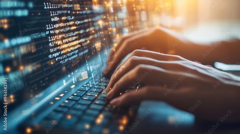 Aufkleber Close-up of a software developer's hands typing code with glowing digital symbols. Highlighting modern technology and coding innovation.