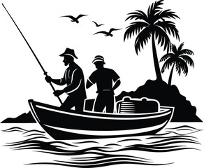 fisherman in boat catch fish silhouette background