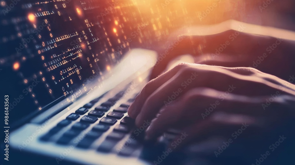 Aufkleber Hands typing on a laptop with glowing code and data points floating, ideal for coding and software development.