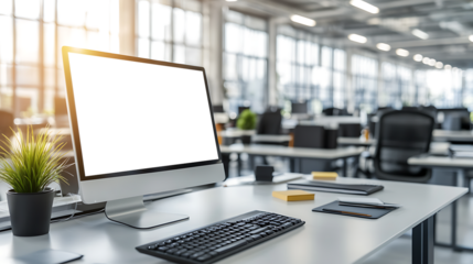 Elegant Computer Screen Mockup in a Contemporary Office - Transparent PNG Banner Perfect for Digital Media, Graphic Design, and Professional Portfolios
