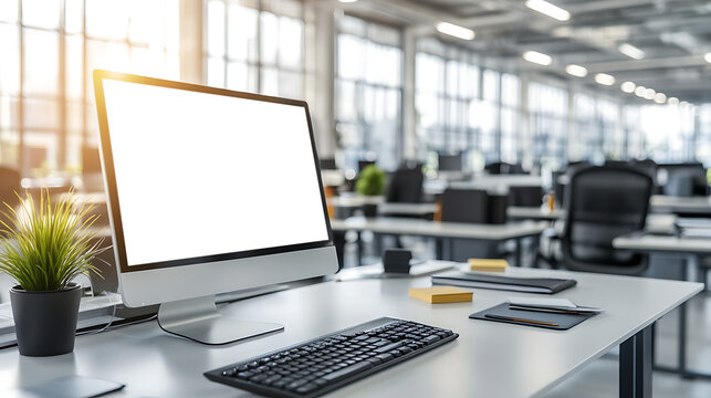 Elegant Computer Screen Mockup in a Contemporary Office - Transparent PNG Banner Perfect for Digital Media, Graphic Design, and Professional Portfolios
