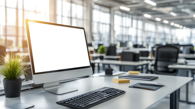 Elegant Computer Screen Mockup in a Contemporary Office - Transparent PNG Banner Perfect for Digital Media, Graphic Design, and Professional Portfolios
