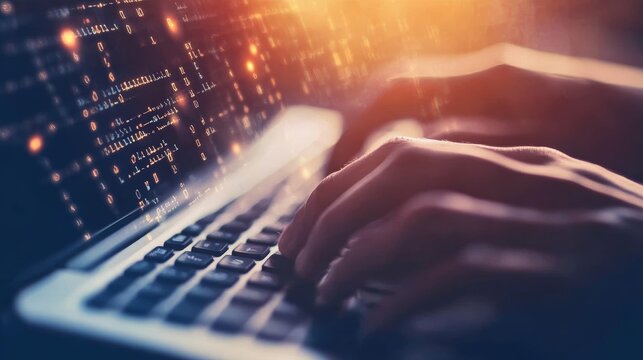 Hands typing on a laptop with glowing code and data points floating, ideal for coding and software development.