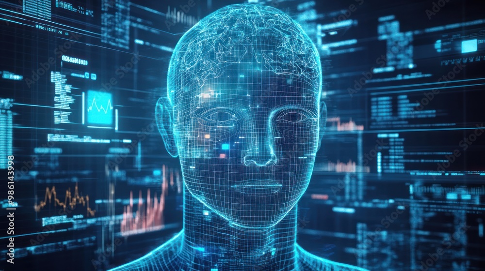 Poster 3d digital human head with wireframe and data background.