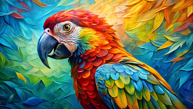 Bright colorful parrot oil painting and palette knife, conceptual portrait