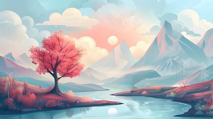 Scenic Nature Landscape with Mountains and Trees &ndash; Vector
