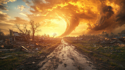 A tornado path through a rural area, with trees uprooted, buildings destroyed, and debris scattered, showing the aftermath and destruction left by the storm.