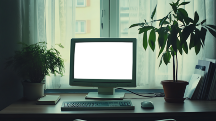 Modern Workspace with a Computer Screen Mockup - High-Quality Transparent PNG Banner for Branding, Presentations, and Product Showcasing
