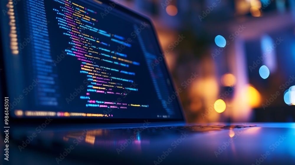 Aufkleber Close-up of programming code on a laptop screen during a nighttime coding session. Vibrant colors and backlit keys, showcasing software development.