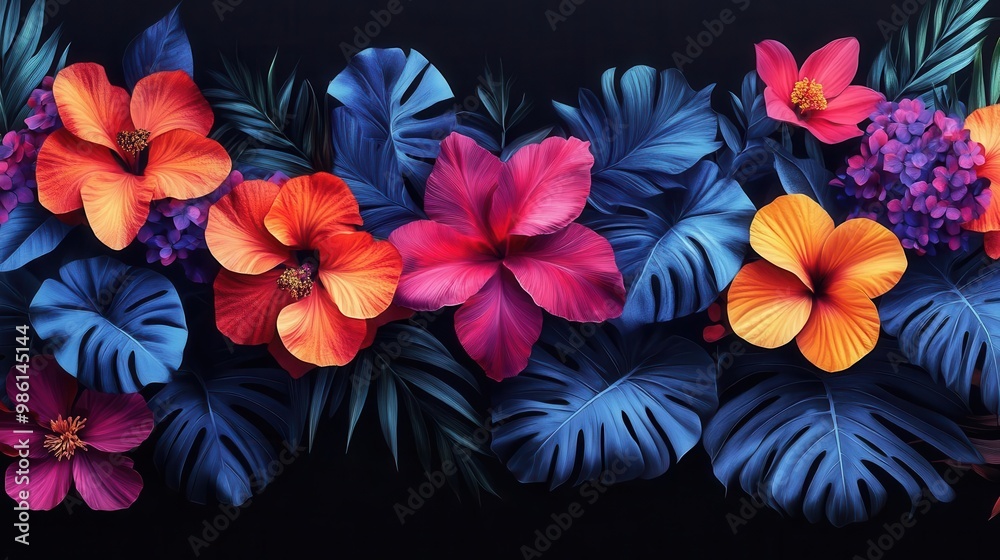 Wall mural tropical pattern of neoncolored palm leaves and exotic flowers on a sleek black background creating 