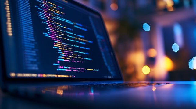 Close-up of programming code on a laptop screen during a nighttime coding session. Vibrant colors and backlit keys, showcasing software development.