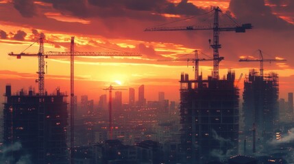 Construction cranes silhouetted against a fiery sunset over a city skyline.