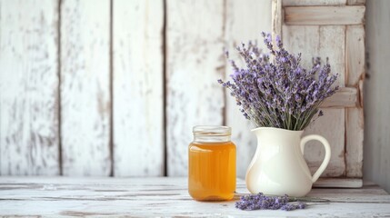 Honey, milk, lavender on table. Generative AI