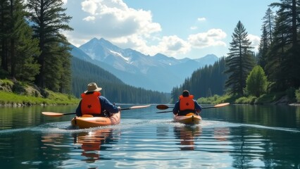 Generative AI, two people in kayaks paddling on a lake with mountains in the background and clouds in the sky, tranquil, a stock photo, neoplasticism
