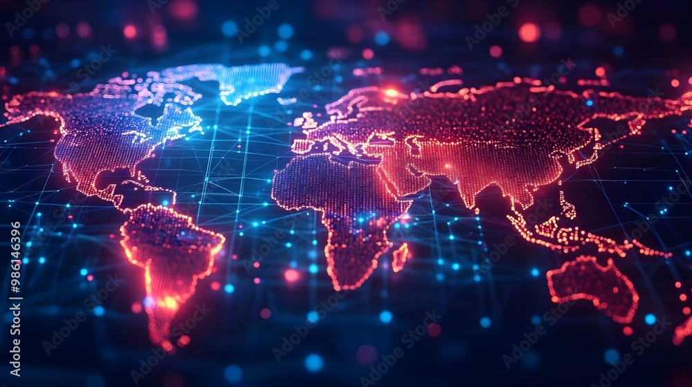 Poster Digital world map with glowing dots and lines. 3D Rendering - Generated AI