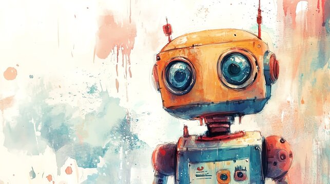 A colorful and whimsical illustration of a retro robot with oversized eyes, set against a vibrant splash background.