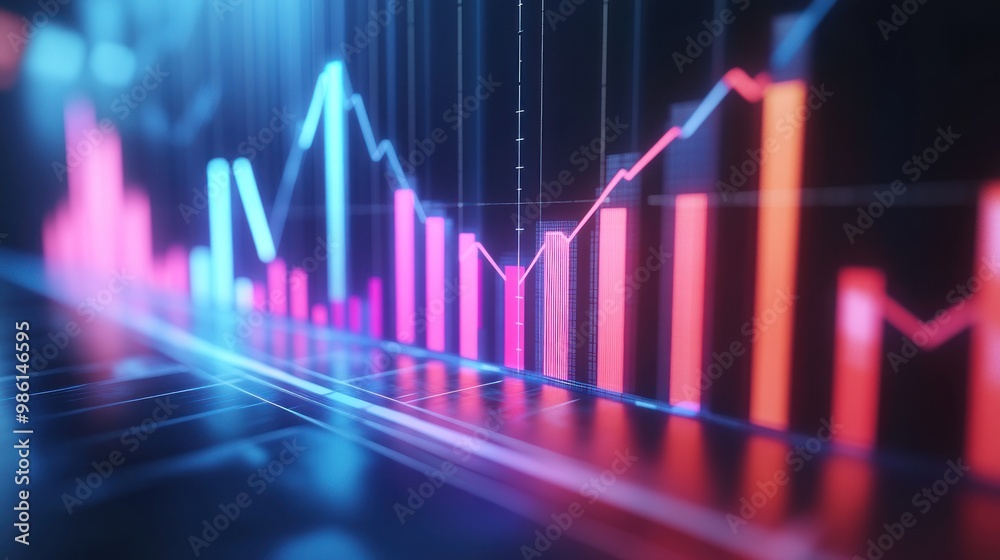 Poster abstract financial chart with glowing lines and bars in neon colors.