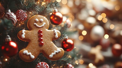 Christmas tree, gingerbread man ornaments and candy decorations, 3D illustration