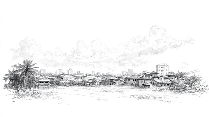 Obraz premium Battambang, Cambodia, black and white pen pencil hand-drawn effect drawing illustration for travel poster, card, wallpaper, backdrop or banner. Modern, clear, artistic and simple