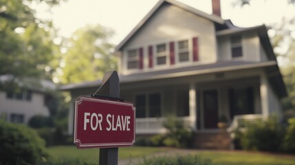 Obraz premium Home for sale real estate sign and new house. Red and white For Sale sign in focus with a blurred background of a residential house, suggesting that the property is on the market. Generative Ai.