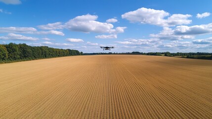 Fototapeta premium A serene aerial view of a golden field under a bright blue sky, showcasing agricultural land and peaceful landscapes.