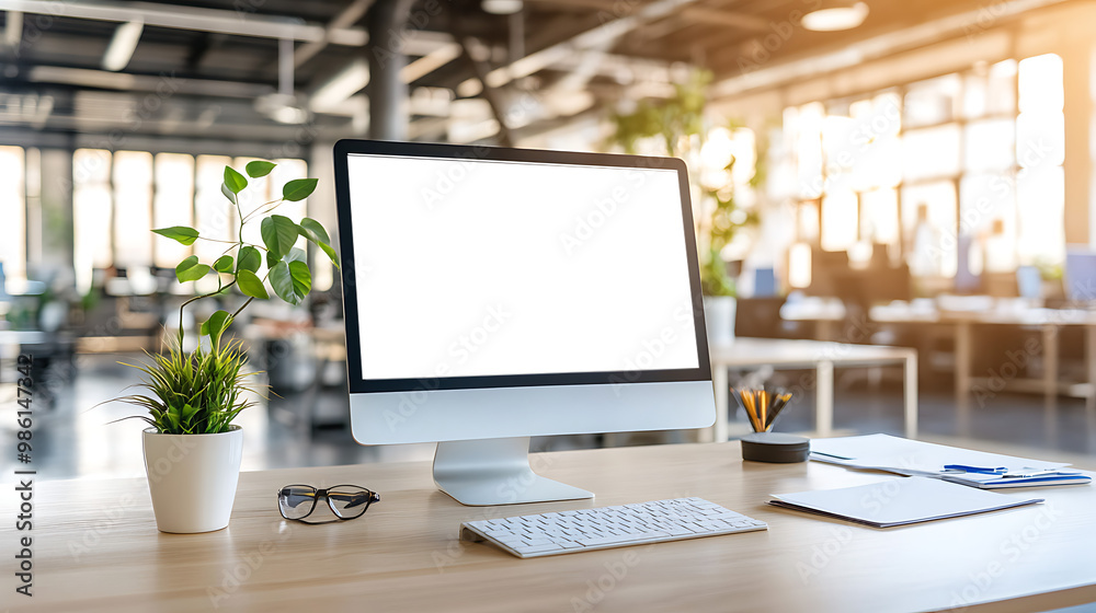 Wall mural sleek computer screen mockup in a stylish office setting - transparent png banner for web design pro