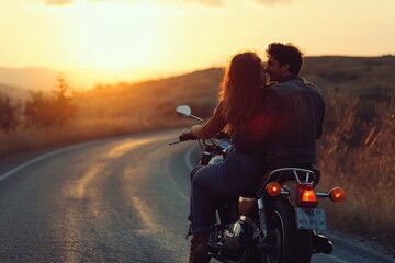 Fototapeta premium Two animated characters sharing a moment of closeness on a retro-style motorbike amidst a whimsical backdrop. Beautiful simple AI generated image