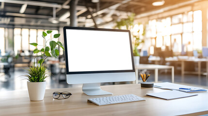 Fototapeta premium Sleek Computer Screen Mockup in a Stylish Office Setting - Transparent PNG Banner for Web Design Projects and Digital Marketing Displays 