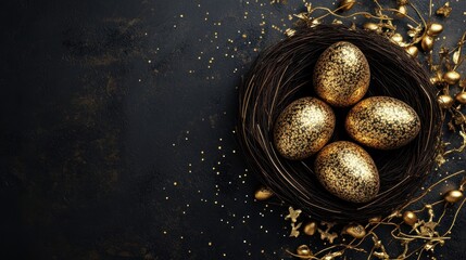 Obraz premium Gold speckled Easter eggs in a bird nest on a black background.