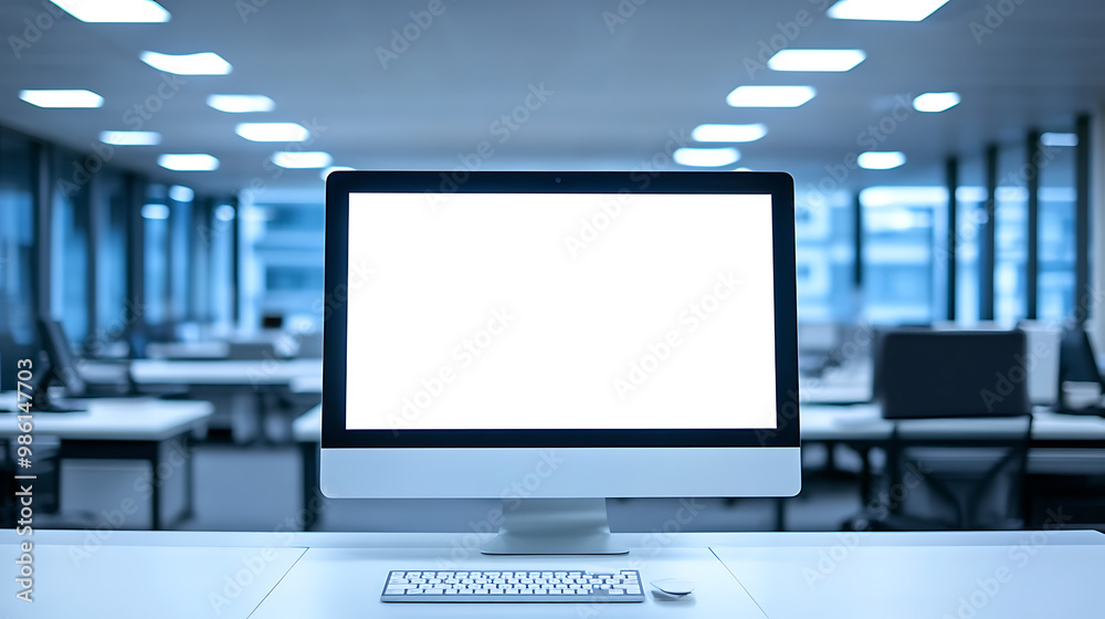 Wall mural sleek computer screen mockup in a stylish office setting - transparent png banner for web design pro
