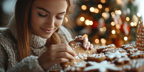 Naklejka premium Young woman is carefully decorating gingerbread cookies with frosting while sitting at a table in front of a lit christmas tree. Festive baking. Preparing for the Christmas holidays