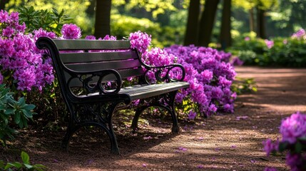 A black wrought iron bench sits amidst a bed of purple azaleas in a park.