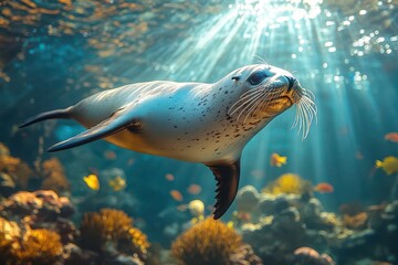 Obraz premium underwater scene of a galapagos fur seal gracefully swimming through a ray of sunlight surrounded by tropical fish and coral formations
