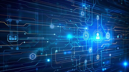 Abstract blue background with circuit board and icons