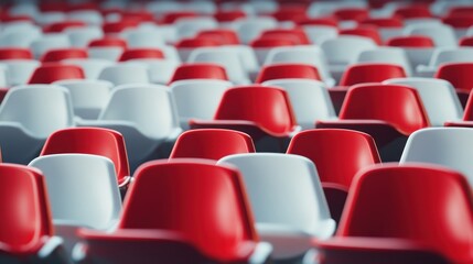 Naklejka premium Rows of red and white stadium seats, focused on the front row.