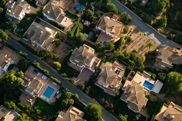 Fototapeta premium A sustainable urban neighborhood with energy-efficient homes. Beautiful simple AI generated image