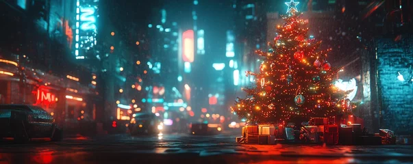 Acrylglasbilder Braun Cyberpunk Christmas tree with neonlit ornaments, glowing wires, and mechanical parts, set in a dystopian city, dark and moody atmosphere, 3D render, high detail  © jitthanant