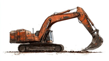 Orange excavator with a raised arm and scoop.