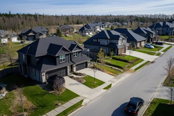 Drone Neighborhood. Aerial View of Sunny Community with Tree-Lined Houses. Beautiful simple AI generated image