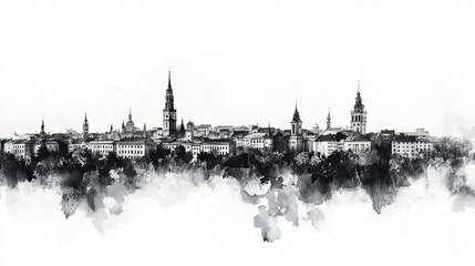 Naklejka premium Biaystok, Poland, black and white pen pencil hand-drawn effect drawing illustration for travel poster, card, wallpaper, backdrop or banner. Modern, clear, artistic and simple