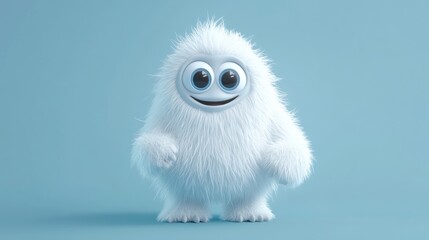 A fluffy white yeti with big blue eyes stands on a blue background with a big smile.