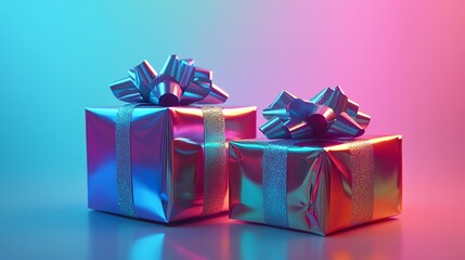 Hightech Christmas gift wrapping, holographic materials, floating digital bows, sleek minimalistic decor