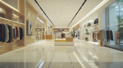 Modern clothing store interior with bright lighting and a yellow bench.