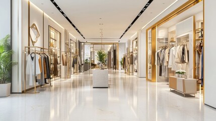 A modern fashion boutique with white walls, gold accents, and clothes on display racks.