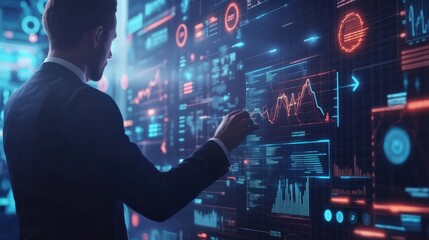The businessman analyzes sales data graph growth on a modern interface, icons on strategy, digital online marketing, solution analysis, and development contents on a global network connection.