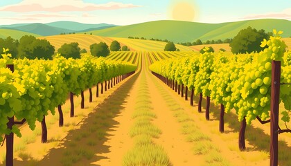 Obraz premium A scenic autumn vineyard in a picturesque countryside, featuring rolling hills, vibrant grapevines, and a clear sky