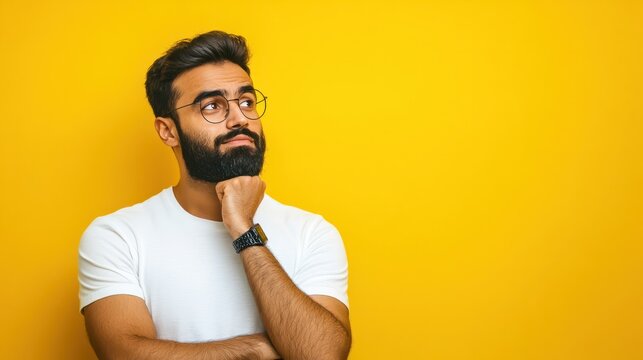 Thoughtful bearded indian man holding hand on chin looking interested aside at copy space isolated on yellow background thinking of new job opportunities, having doubt question or deciding concept